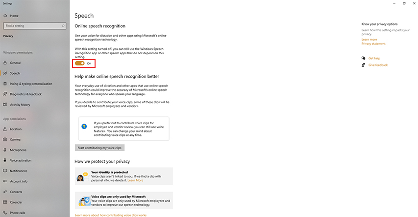 گزینه Online speech recognition را روشن کنید.